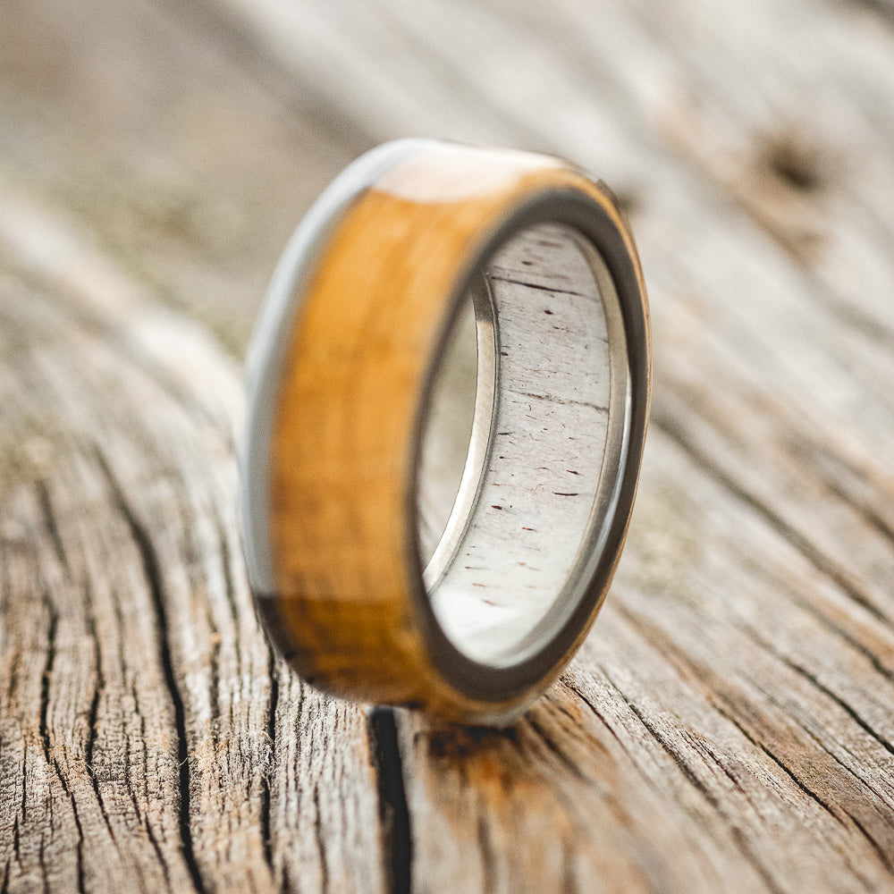 "EZRA" - WHISKEY BARREL OAK WEDDING RING FEATURING AN ANTLER LINED BAND-11