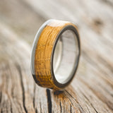 "EZRA" - WHISKEY BARREL OAK WEDDING RING FEATURING AN ANTLER LINED BAND - BLACK ZIRCONIUM - SIZE 8 1/2-1