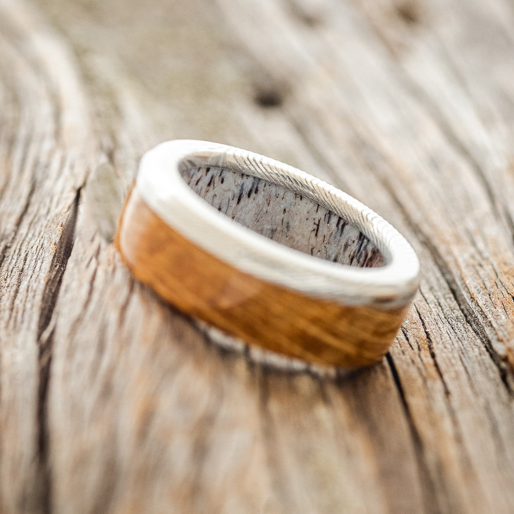 "EZRA" - WHISKEY BARREL OAK WEDDING RING FEATURING AN ANTLER LINED BAND-4