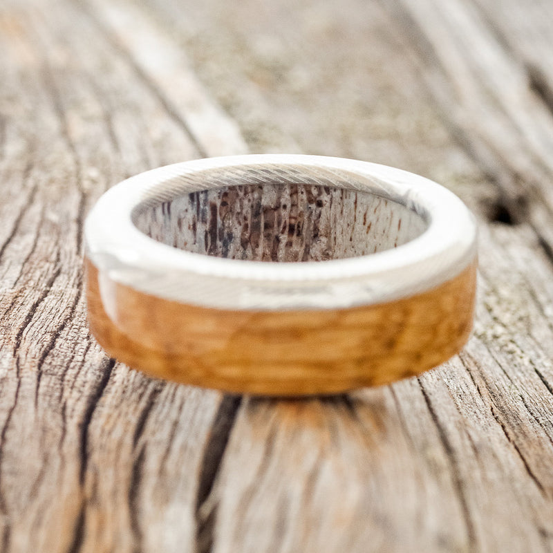 "EZRA" - WHISKEY BARREL OAK WEDDING RING FEATURING AN ANTLER LINED BAND - READY TO SHIP-6