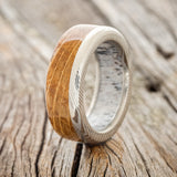 "EZRA" - WHISKEY BARREL OAK WEDDING RING FEATURING AN ANTLER LINED BAND - READY TO SHIP-1