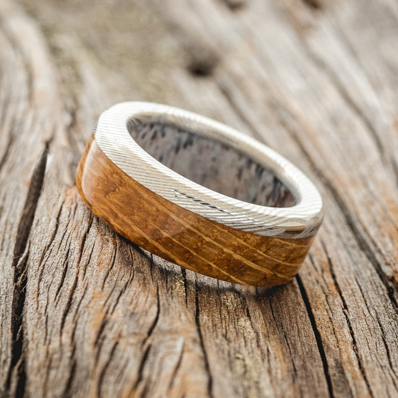 "EZRA" - WHISKEY BARREL OAK WEDDING RING FEATURING AN ANTLER LINED BAND - READY TO SHIP-3