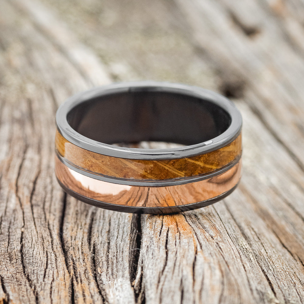 "DYAD" - WHISKEY BARREL OAK & 14K ROSE GOLD INLAY WEDDING BAND-3