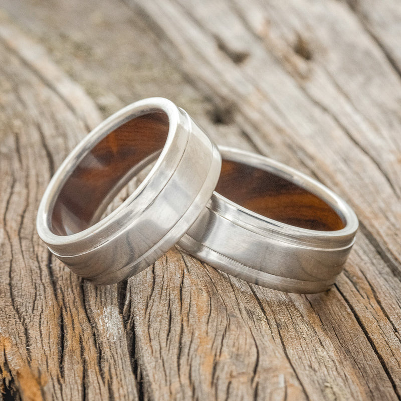 "SEDONA" - MATCHING SET OF RAISED CENTER WEDDING BANDS WITH IRONWOOD LINING-1