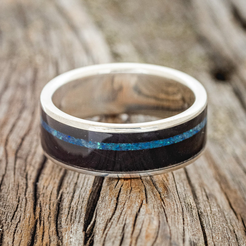 "RAINIER" - AFRICAN BLACK WOOD & OFFSET BLUE OPAL WEDDING BAND-3