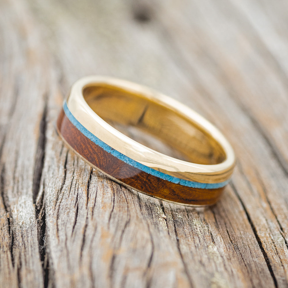 "EZRA" - TURQUOISE & IRONWOOD WEDDING RING FEATURING A 14K GOLD BAND-3