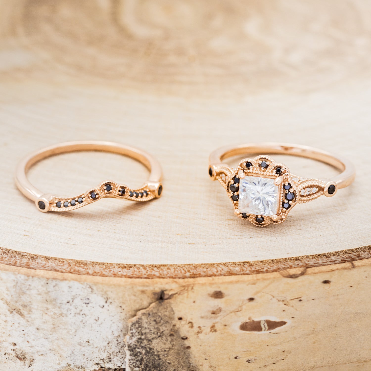 "EILEEN" - PRINCESS CUT MOISSANITE ENGAGEMENT RING WITH BLACK DIAMOND ACCENTS & TRACER-6