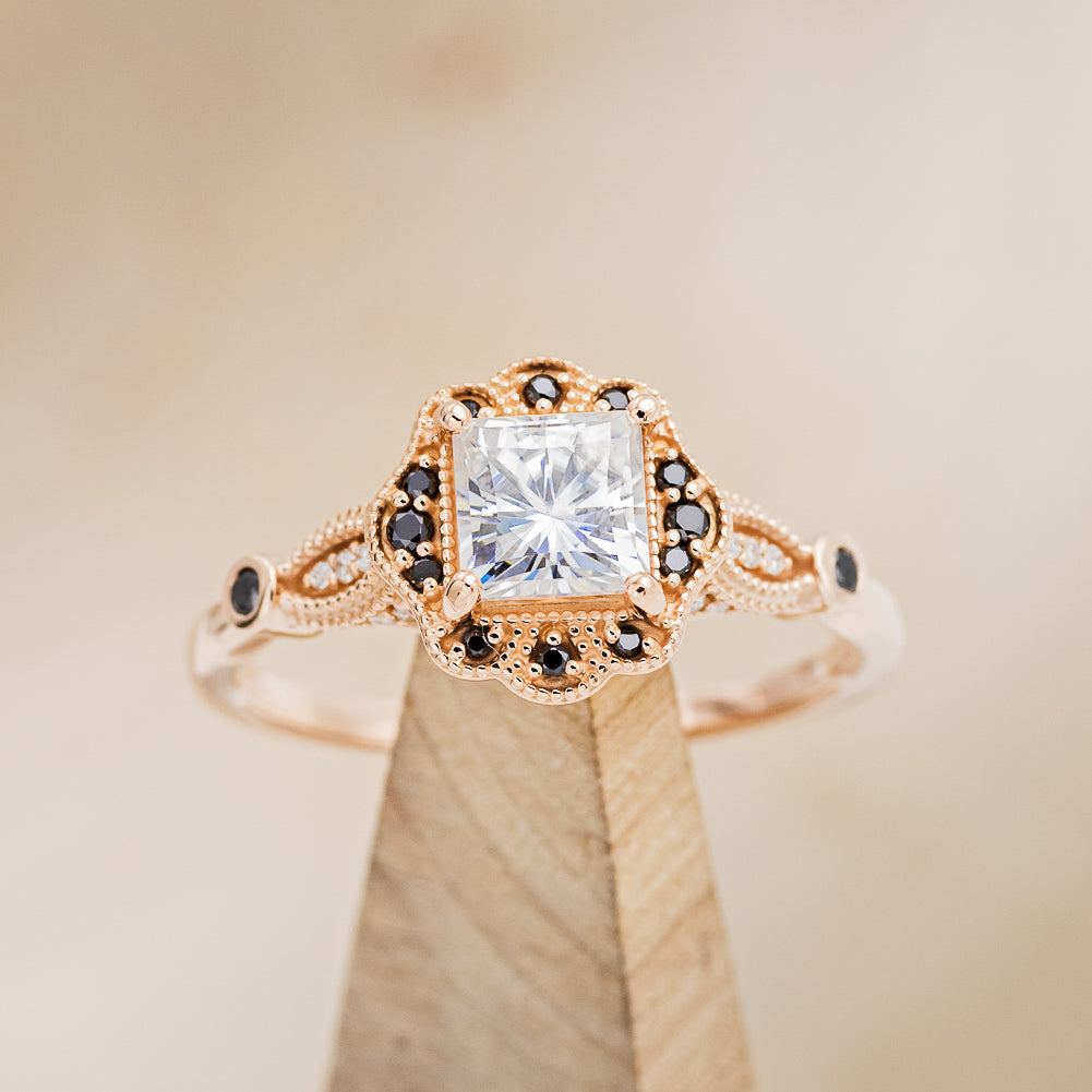 "EILEEN" - PRINCESS CUT MOISSANITE ENGAGEMENT RING WITH BLACK DIAMOND ACCENTS & TRACER-7