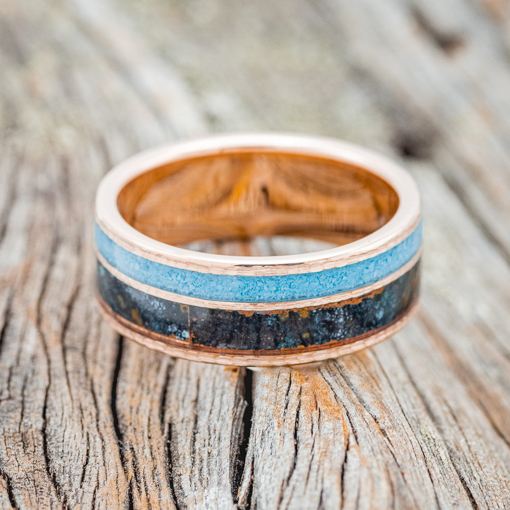 "RAPTOR" - TURQUOISE & PATINA COPPER WEDDING RING FEATURING A HAMMERED 14K GOLD BAND-3