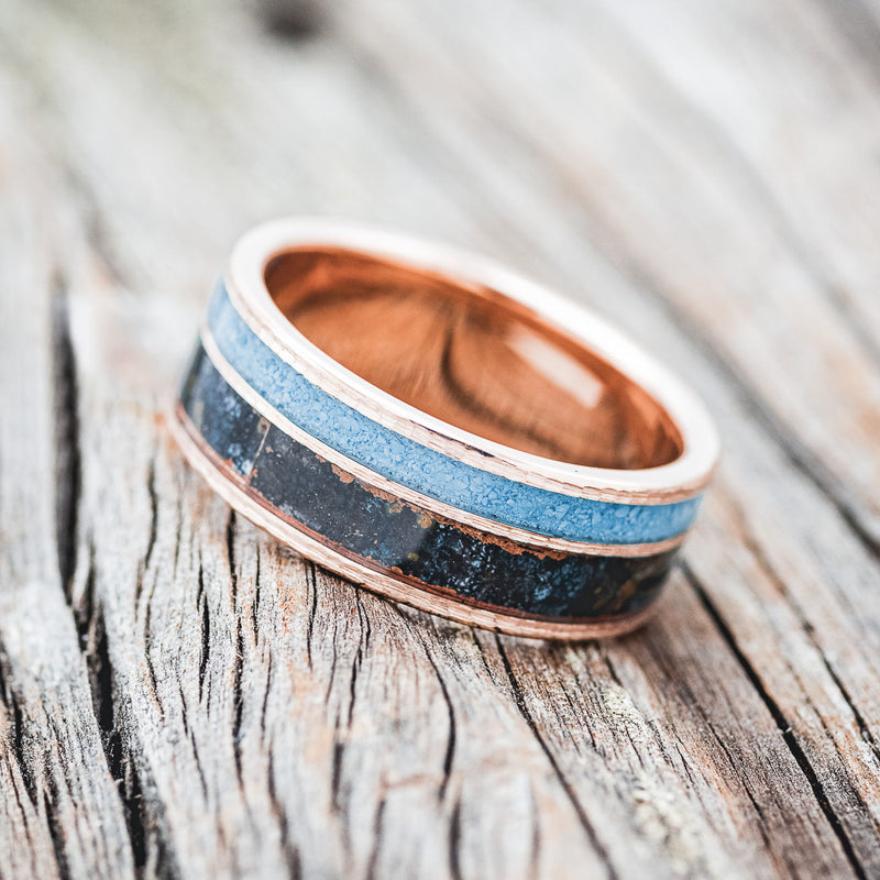 "RAPTOR" - TURQUOISE & PATINA COPPER WEDDING RING FEATURING A HAMMERED 14K GOLD BAND