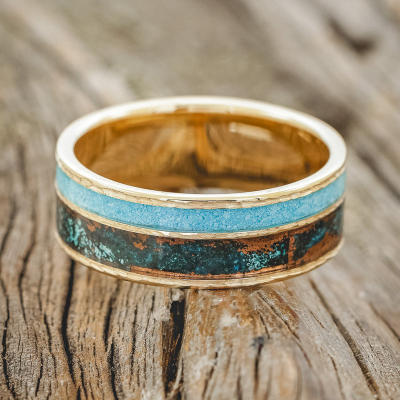 "RAPTOR" - TURQUOISE & PATINA COPPER WEDDING RING FEATURING A HAMMERED 14K GOLD BAND