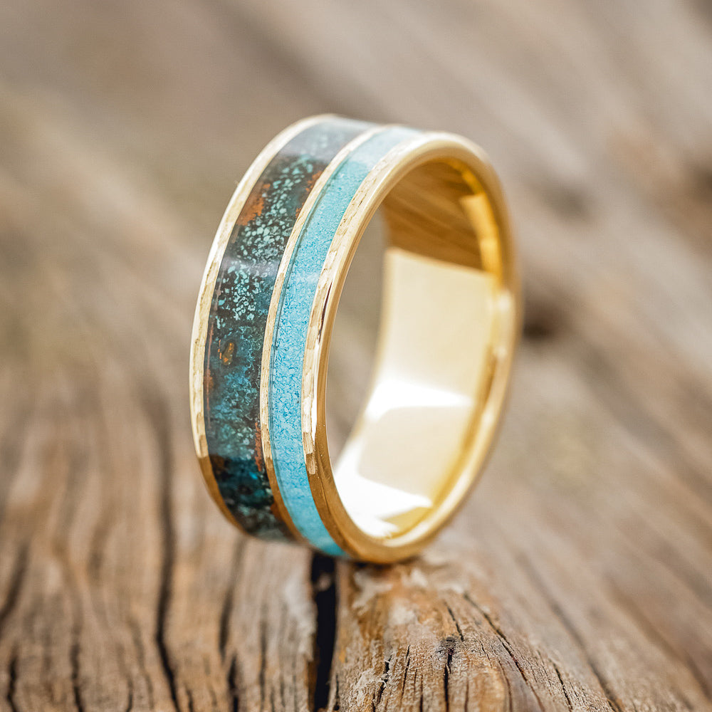 "RAPTOR" - TURQUOISE & PATINA COPPER WEDDING RING FEATURING A HAMMERED 14K GOLD BAND-4