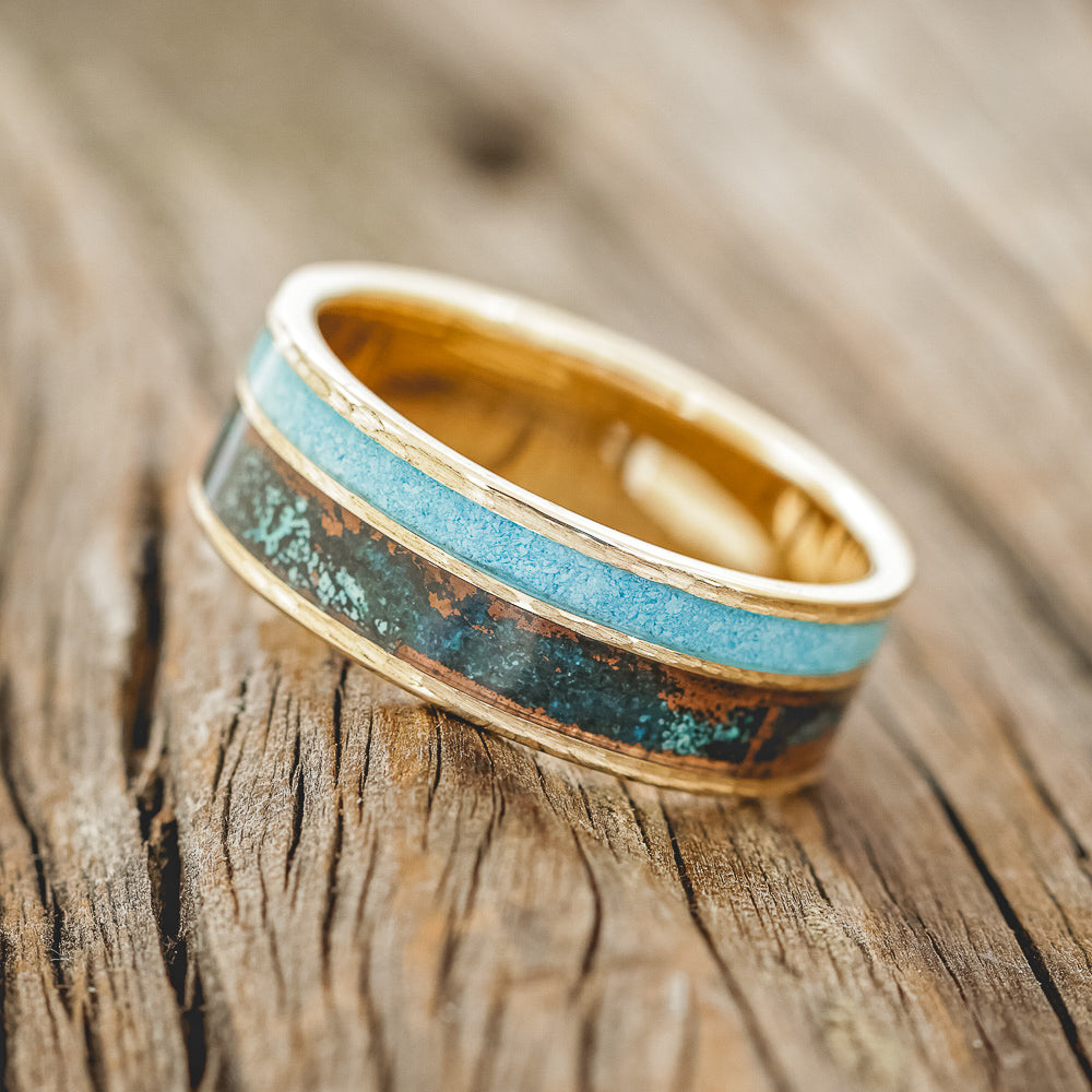 "RAPTOR" - TURQUOISE & PATINA COPPER WEDDING RING FEATURING A HAMMERED 14K GOLD BAND-5