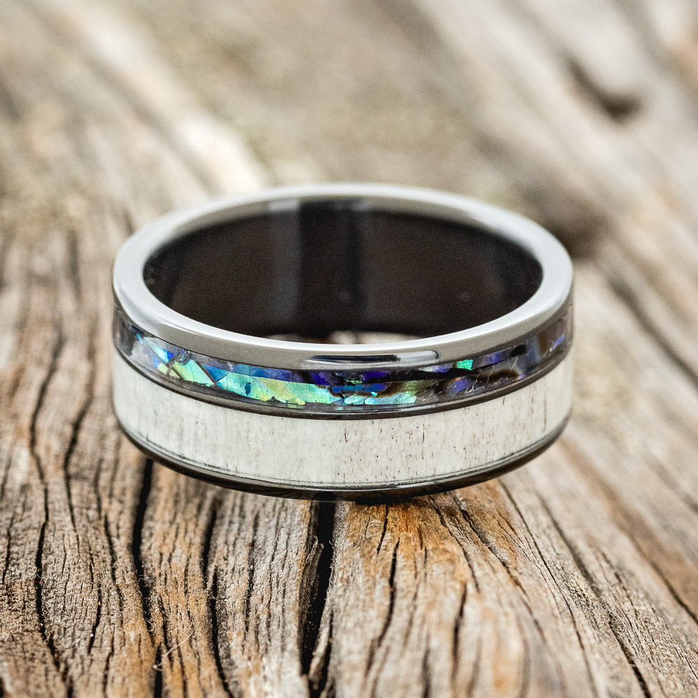 "RAPTOR" - PAUA SHELL & ANTLER WEDDING BAND-6