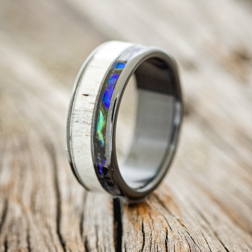 "RAPTOR" - PAUA SHELL & ANTLER WEDDING BAND - READY TO SHIP-4