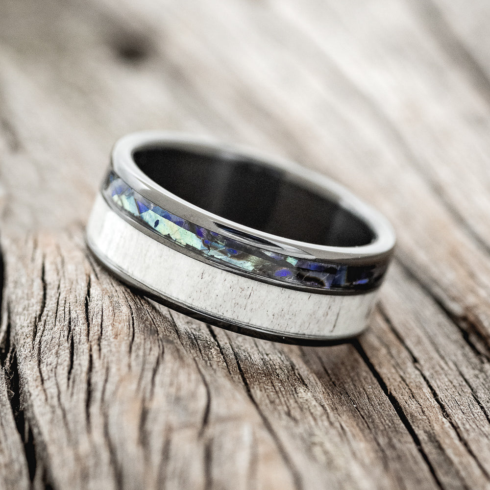 "RAPTOR" - PAUA SHELL & ANTLER WEDDING BAND-5
