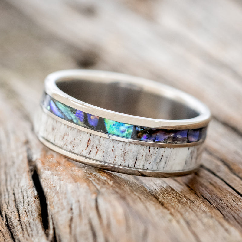 "RAPTOR" - PAUA SHELL & ANTLER WEDDING BAND-2