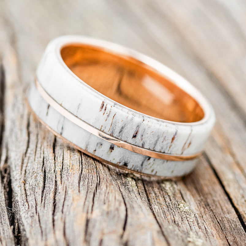 "GOLDEN" - ELK ANTLER & 14K GOLD INLAY WEDDING BAND-17