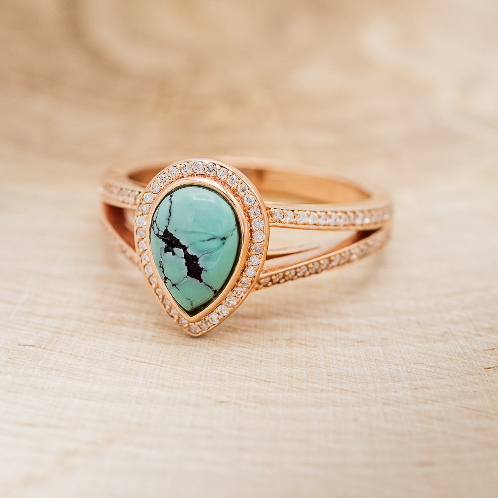 SPLIT SHANK PEAR-SHAPED TURQUOISE ENGAGEMENT RING WITH DIAMOND HALO & ACCENTS-3