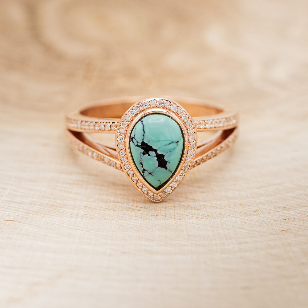 SPLIT SHANK PEAR-SHAPED TURQUOISE ENGAGEMENT RING WITH DIAMOND HALO & ACCENTS-4