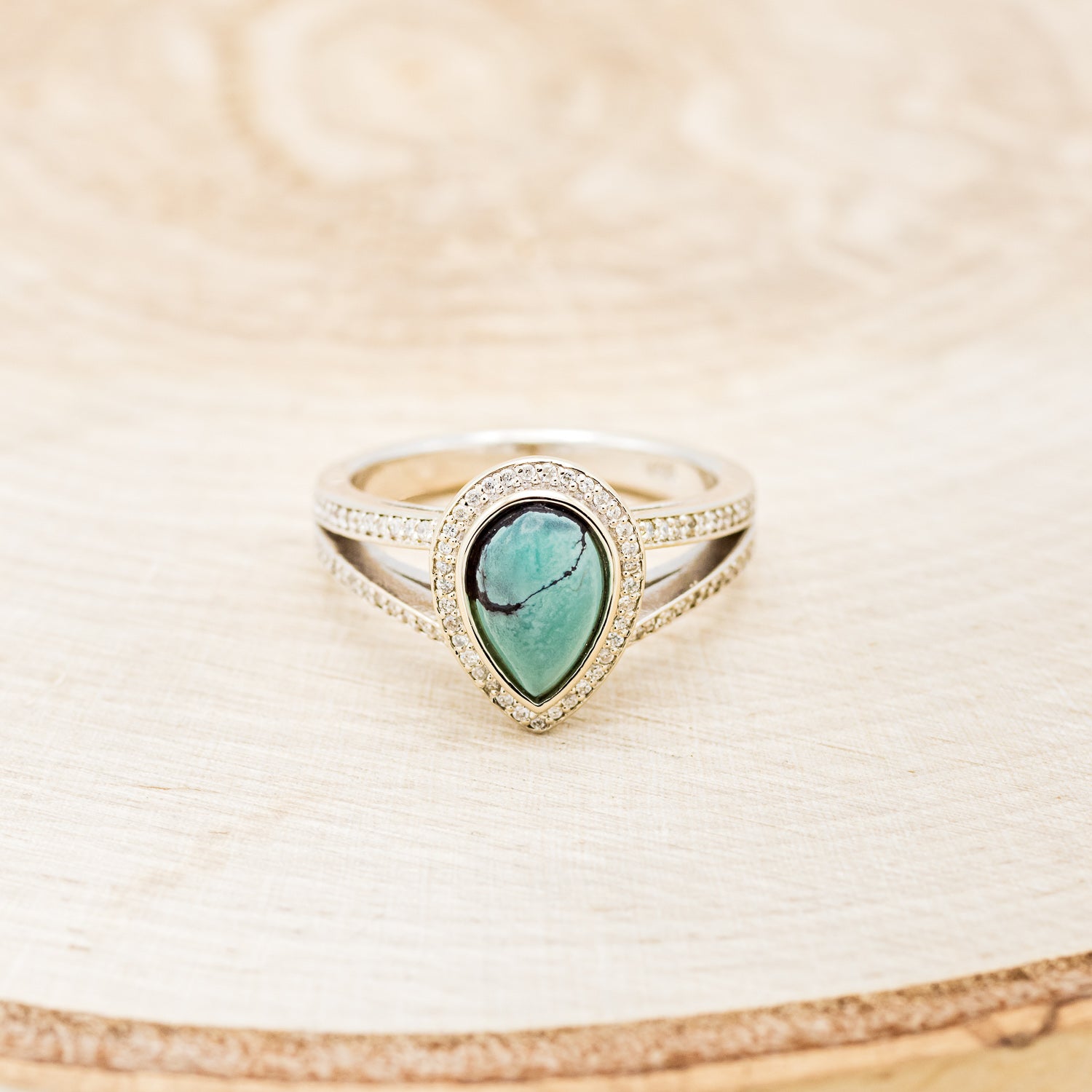 SPLIT SHANK PEAR-SHAPED TURQUOISE ENGAGEMENT RING WITH DIAMOND HALO & ACCENTS-10