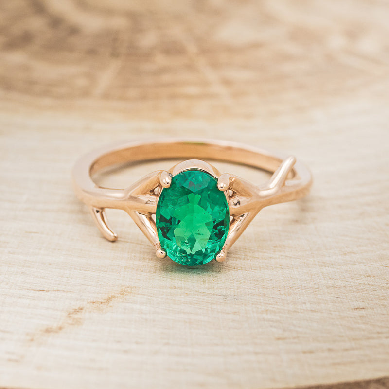 "ARTEMIS" - OVAL LAB-GROWN EMERALD ENGAGEMENT RING WITH AN ANTLER-STYLE STACKING BAND