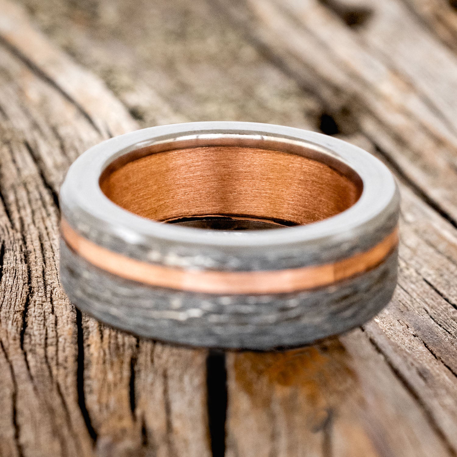 "VERTIGO" - RUSTIC COPPER WEDDING RING FEATURING A COPPER LINING & HAMMERED BLACK ZIRCONIUM BAND-6