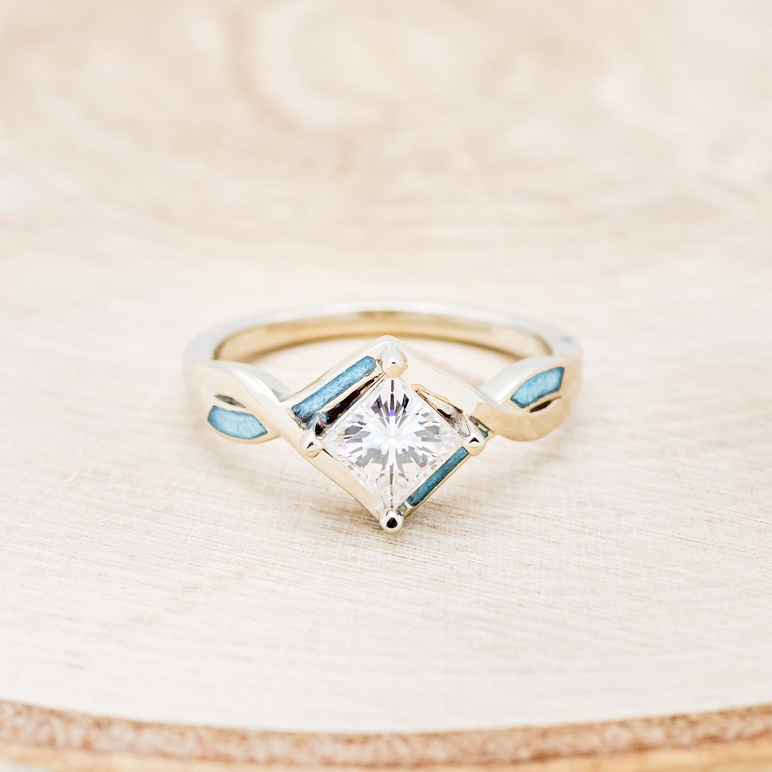 "ADAMAS" - PRINCESS CUT MOISSANITE ENGAGEMENT RING WITH TURQUOISE INLAYS-4