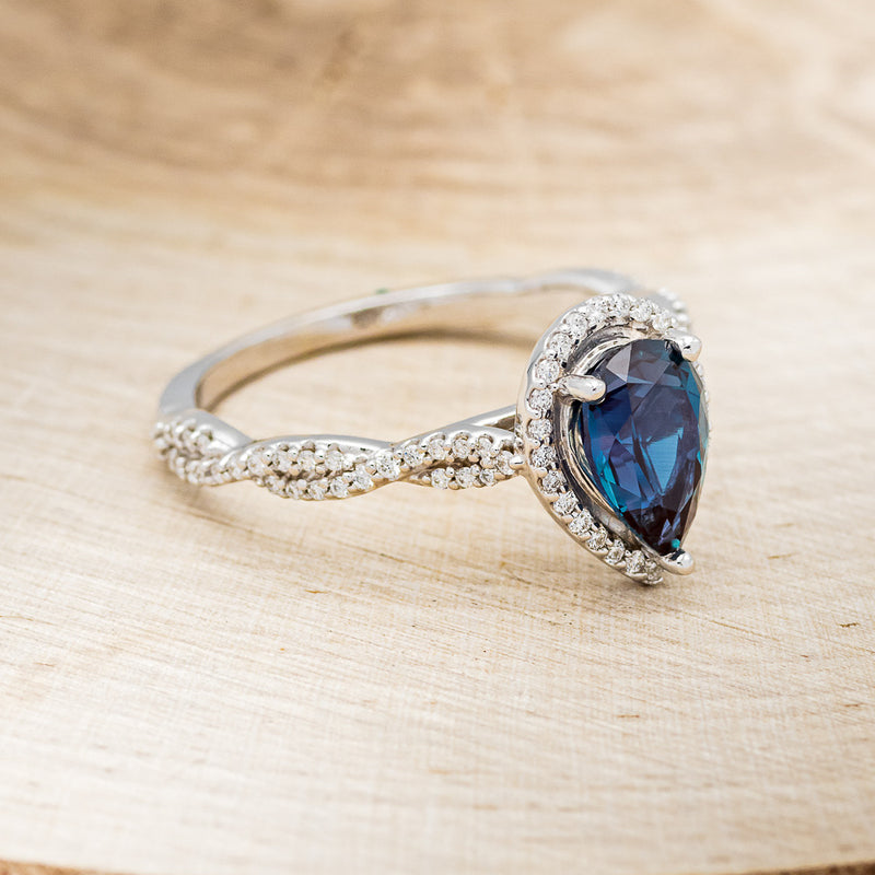 "KINLEY" - PEAR-SHAPED LAB-GROWN ALEXANDRITE ENGAGEMENT RING WITH DIAMOND HALO & ACCENTS