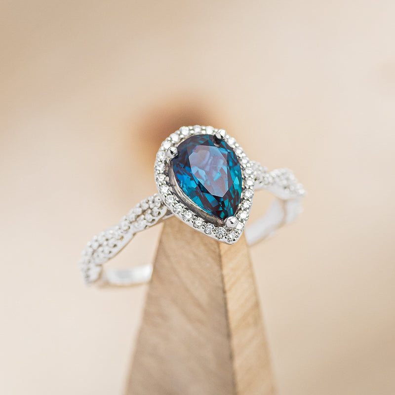 "KINLEY" - PEAR-SHAPED LAB-GROWN ALEXANDRITE ENGAGEMENT RING WITH DIAMOND HALO & ACCENTS