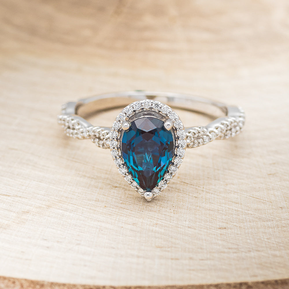 "KINLEY" - PEAR-SHAPED LAB-GROWN ALEXANDRITE ENGAGEMENT RING WITH DIAMOND HALO & ACCENTS-10