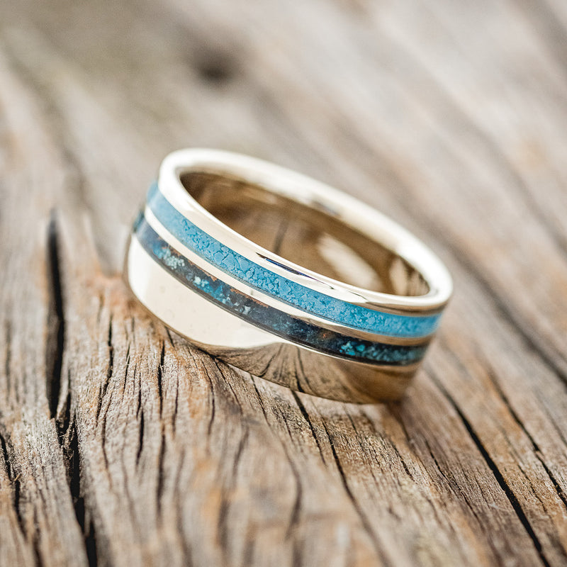 "COSMO" - TURQUOISE & PATINA COPPER WEDDING RING FEATURING A 14K GOLD BAND