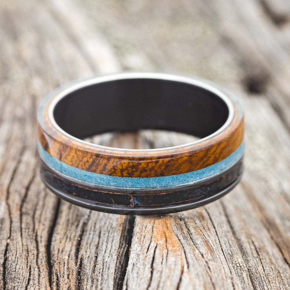 "ELEMENT" - IRONWOOD, PATINA COPPER & TURQUOISE WEDDING BAND-7