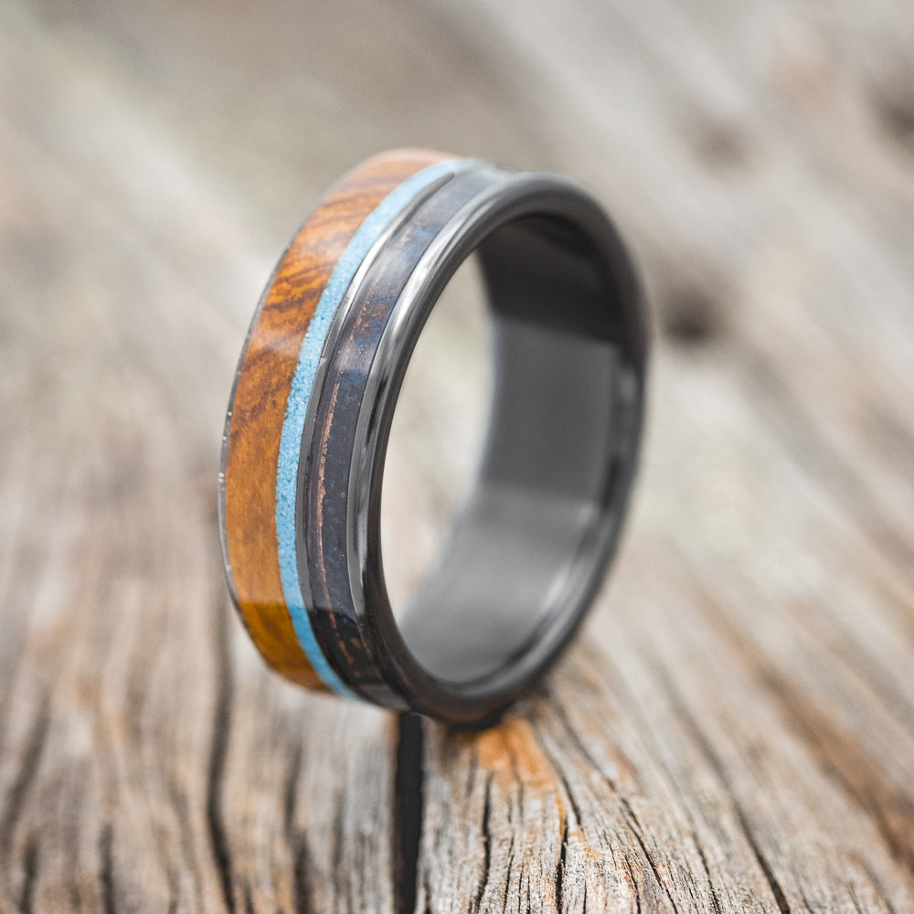 "ELEMENT" - MATCHING SET OF BLACK ZIRCONIUM BANDS WITH IRONWOOD, PATINA COPPER & TURQUOISE-2