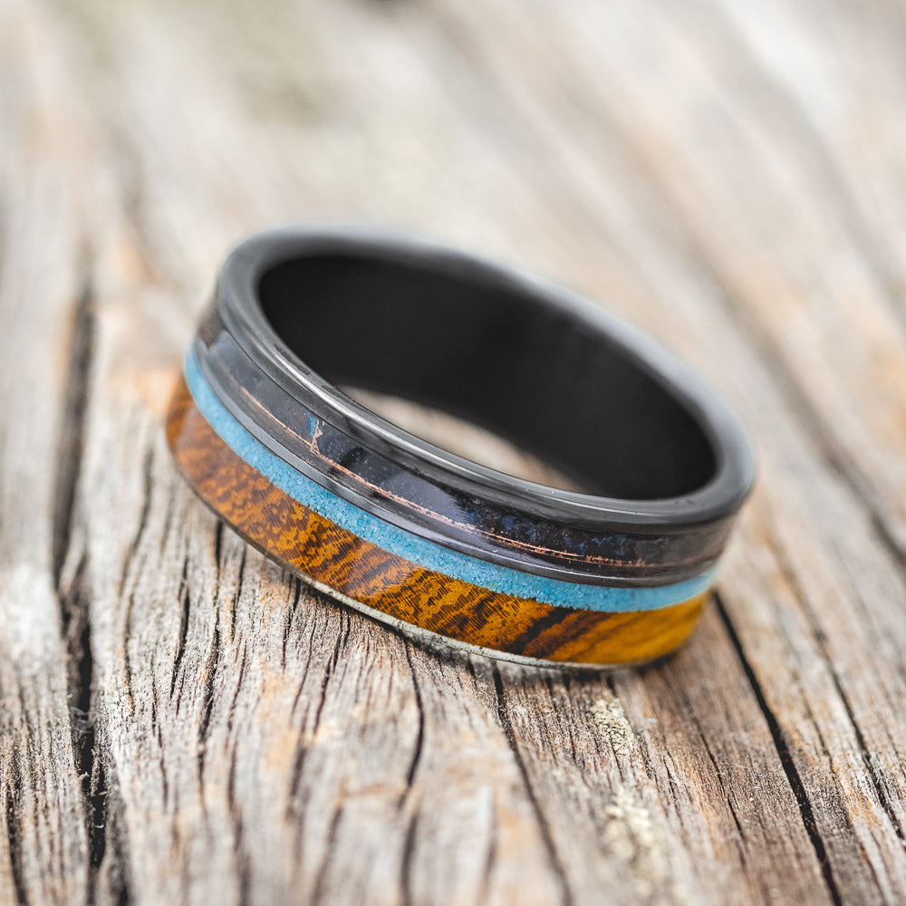 "ELEMENT" - MATCHING SET OF BLACK ZIRCONIUM BANDS WITH IRONWOOD, PATINA COPPER & TURQUOISE-3