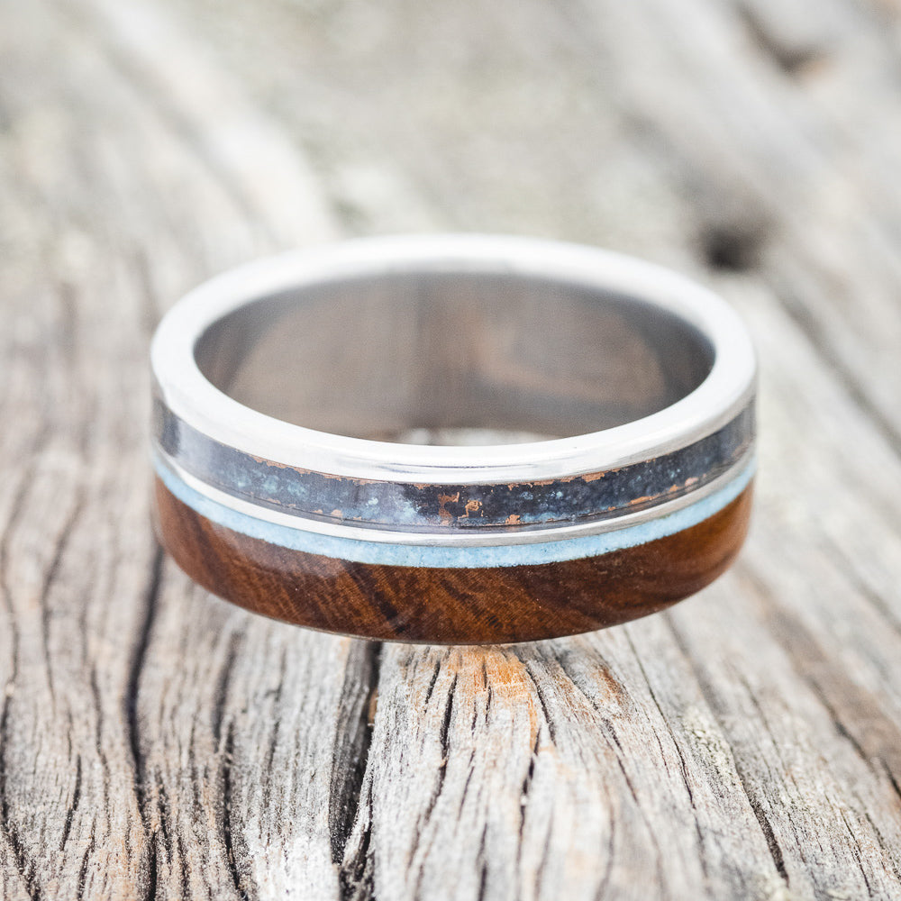 "ELEMENT" - IRONWOOD, PATINA COPPER & TURQUOISE WEDDING BAND-4