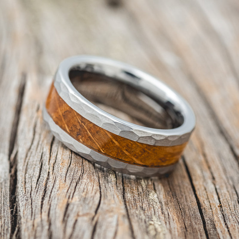 WHISKEY BARREL OAK & FACETED EDGES ON A TUNGSTEN WEDDING BAND
