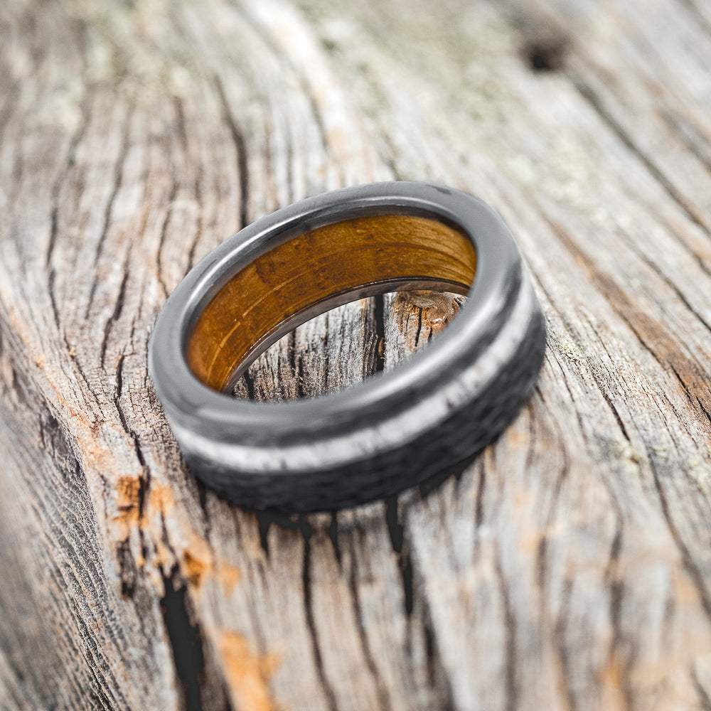 "VERTIGO" - ANTLER INLAY WEDDING RING FEATURING A WHISKEY BARREL LINING & HAMMERED FINISH-12