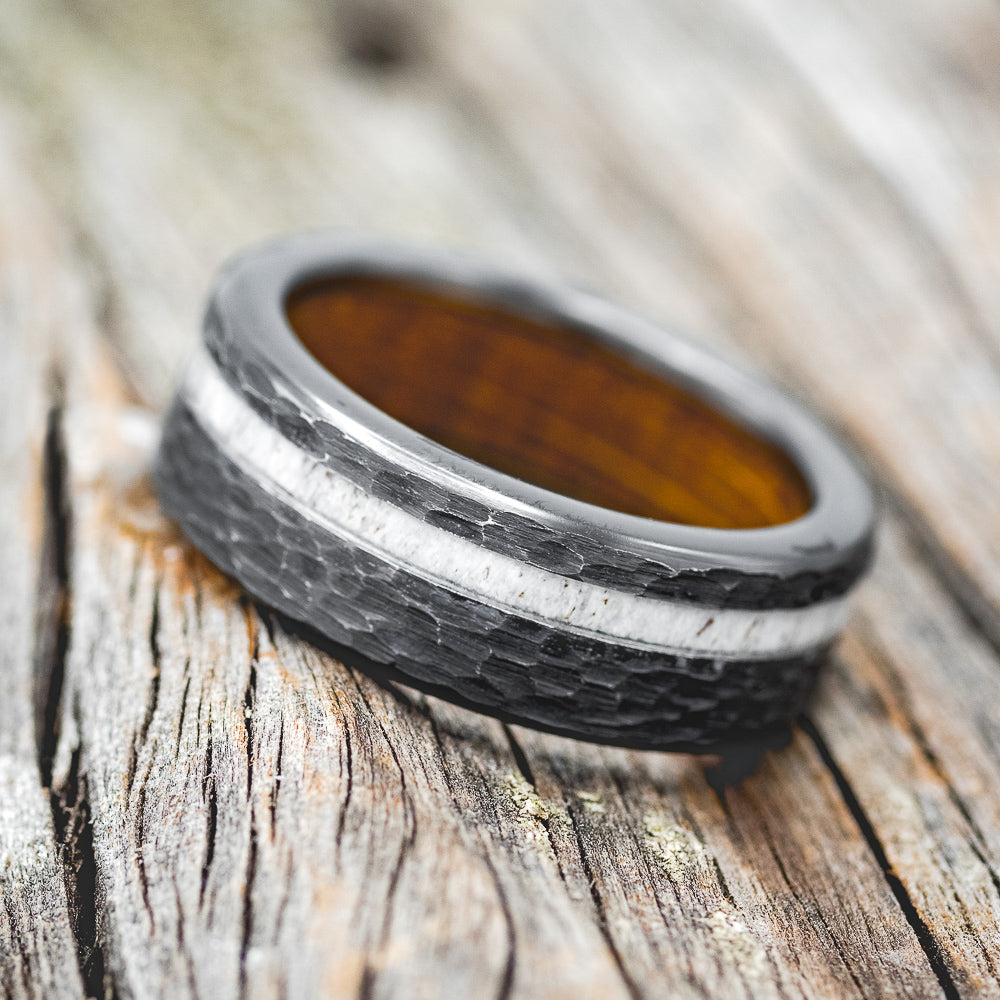 "VERTIGO" - ANTLER INLAY WEDDING RING FEATURING A WHISKEY BARREL LINING & HAMMERED FINISH-9