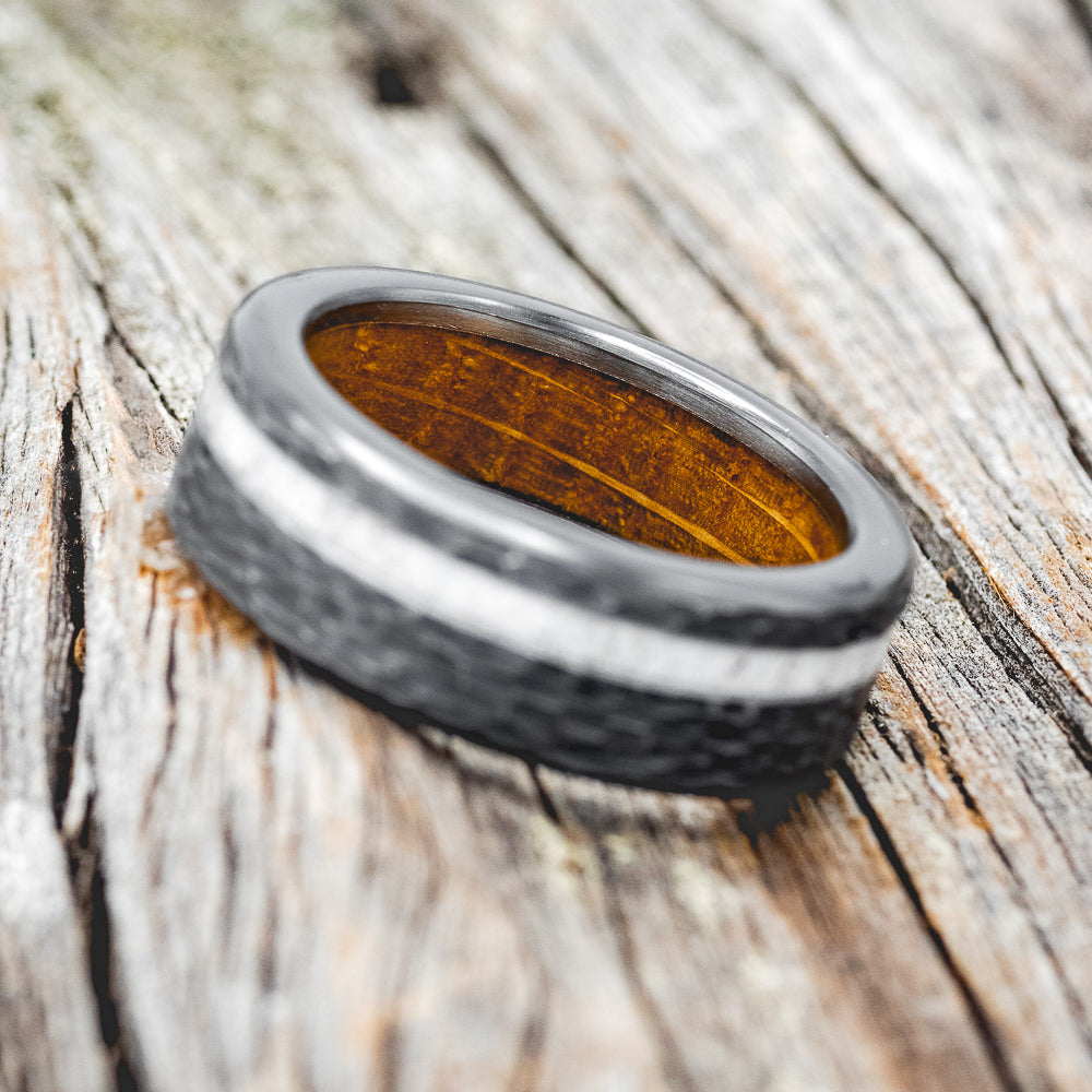 "VERTIGO" - ANTLER INLAY WEDDING RING FEATURING A WHISKEY BARREL LINING & HAMMERED FINISH-10