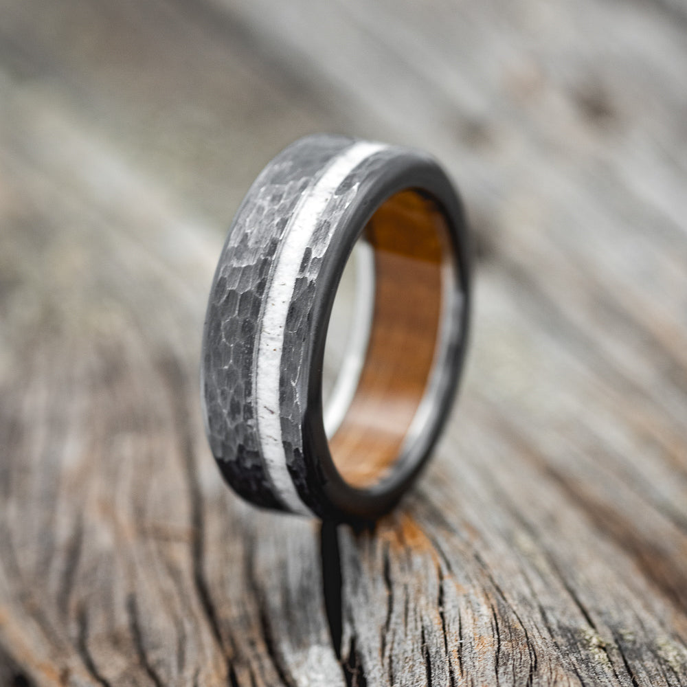 "VERTIGO" - ANTLER INLAY WEDDING RING FEATURING A WHISKEY BARREL LINING & HAMMERED FINISH-7