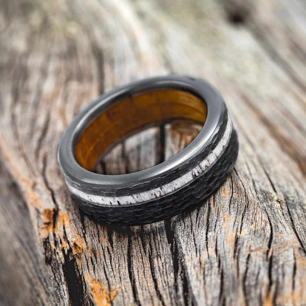 "VERTIGO" - ANTLER INLAY WEDDING RING FEATURING A WHISKEY BARREL LINING & HAMMERED FINISH-11