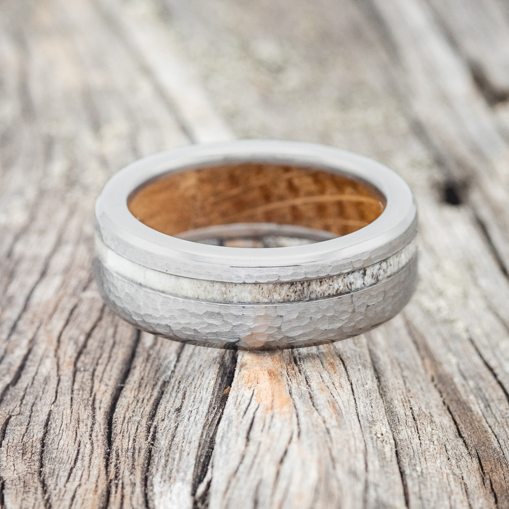 "VERTIGO" - ANTLER INLAY WEDDING RING FEATURING A WHISKEY BARREL LINING & HAMMERED FINISH-5