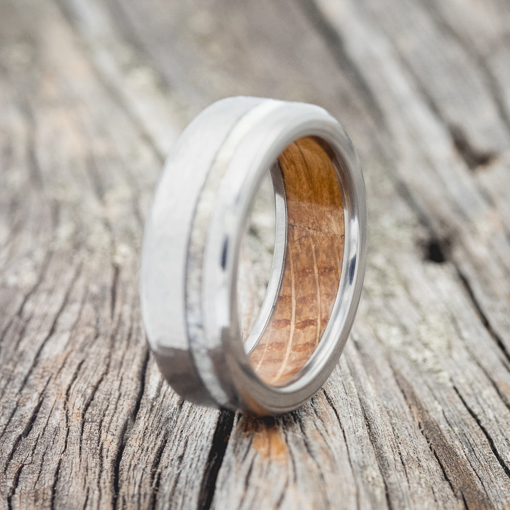 "VERTIGO" - ANTLER INLAY WEDDING RING FEATURING A WHISKEY BARREL LINING & HAMMERED FINISH-2