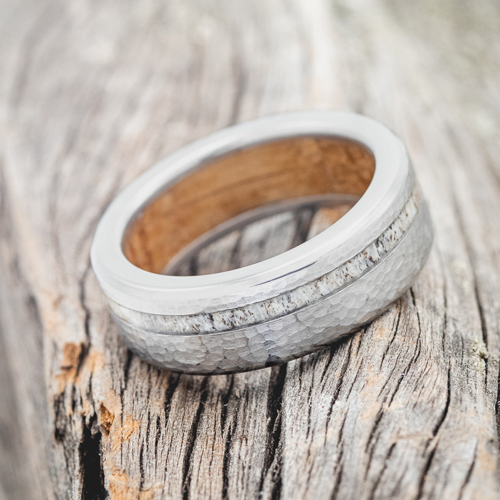 "VERTIGO" - ANTLER INLAY WEDDING RING FEATURING A WHISKEY BARREL LINING & HAMMERED FINISH-3