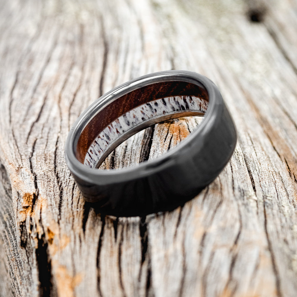 IRONWOOD & ANTLER LINED WEDDING BAND-14