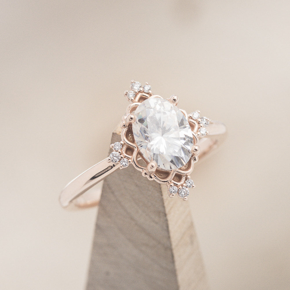 "TREVA" - OVAL MOISSANITE ENGAGEMENT RING WITH DIAMOND ACCENTS & "MELODY" TRACER-26