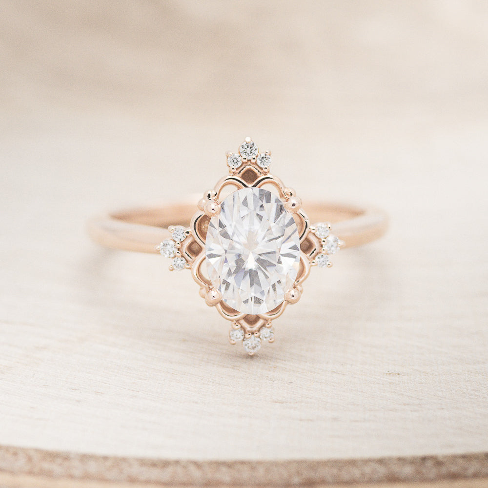 "TREVA" - OVAL MOISSANITE ENGAGEMENT RING WITH DIAMOND ACCENTS & "MELODY" TRACER-29