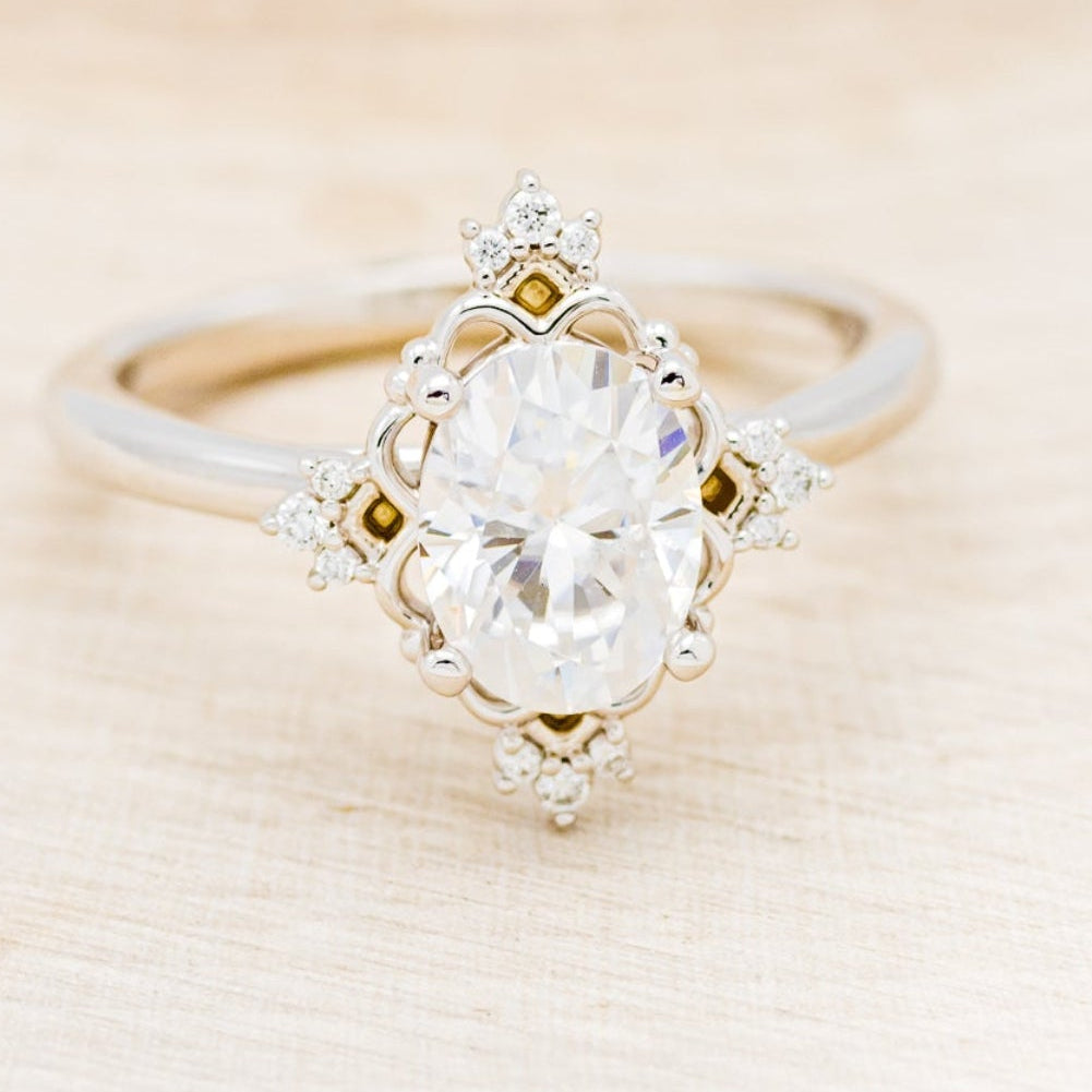 "TREVA" - OVAL MOISSANITE ENGAGEMENT RING WITH DIAMOND ACCENTS & "MELODY" TRACER-48
