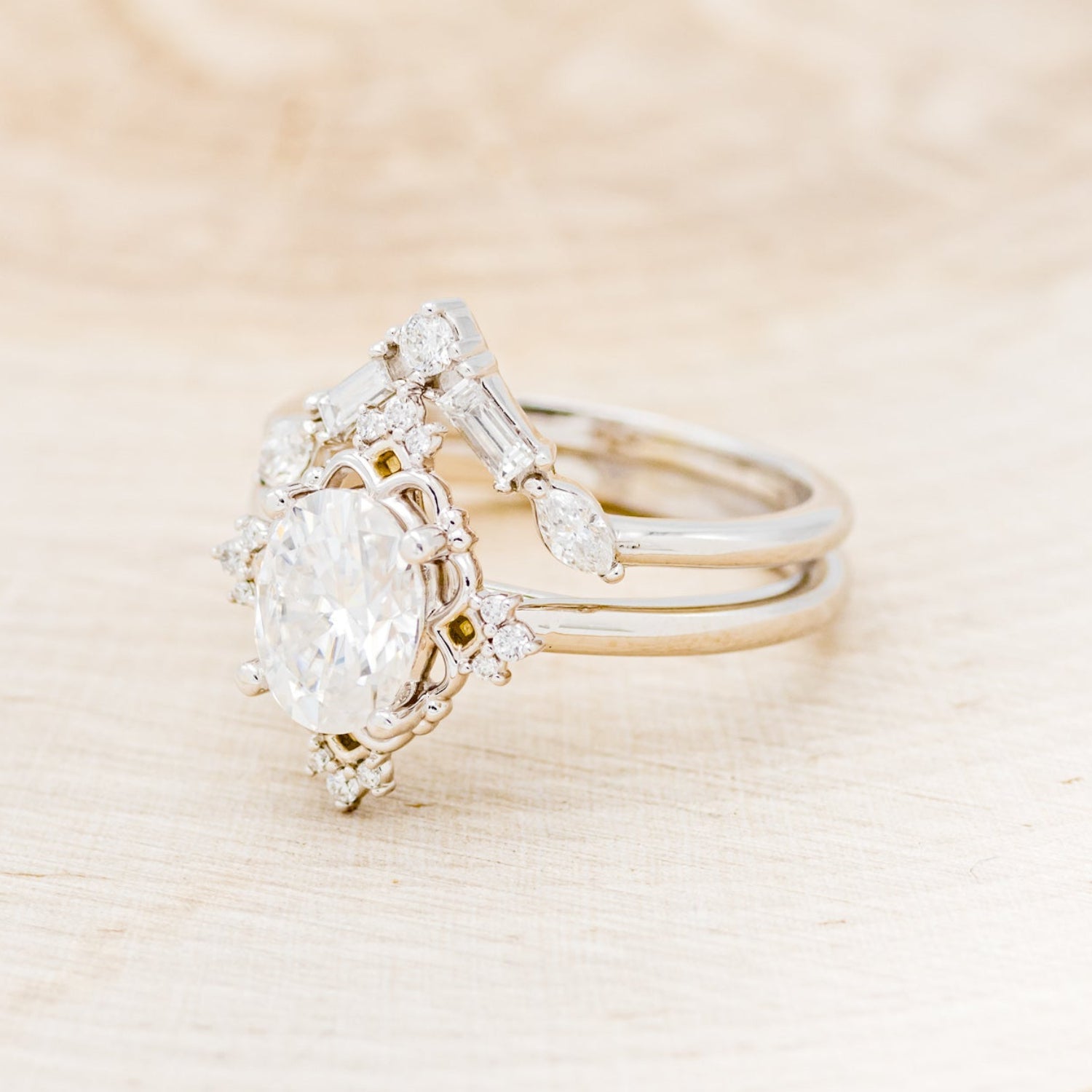 "TREVA" - OVAL MOISSANITE ENGAGEMENT RING WITH DIAMOND ACCENTS & "MELODY" TRACER-42